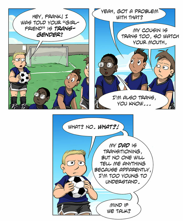 Comic panels showing children discussing transgender topics, highlighting LGBTQ+ themes in new comics by Sophie Labelle.