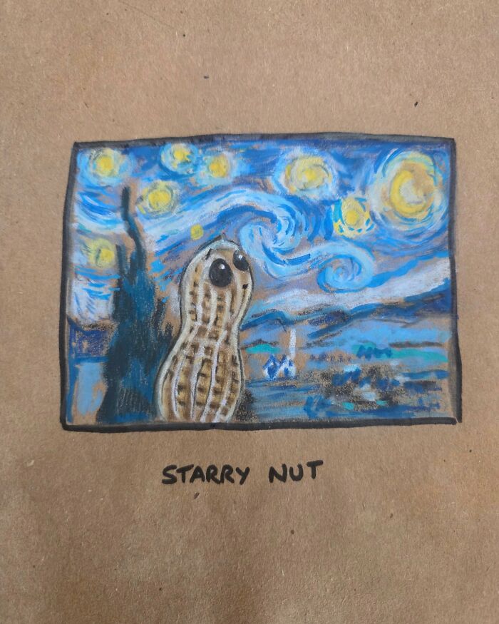 Drawing of a peanut inspired by Starry Night with a pun, part of dad jokes and puns on kids’ lunch bags.
