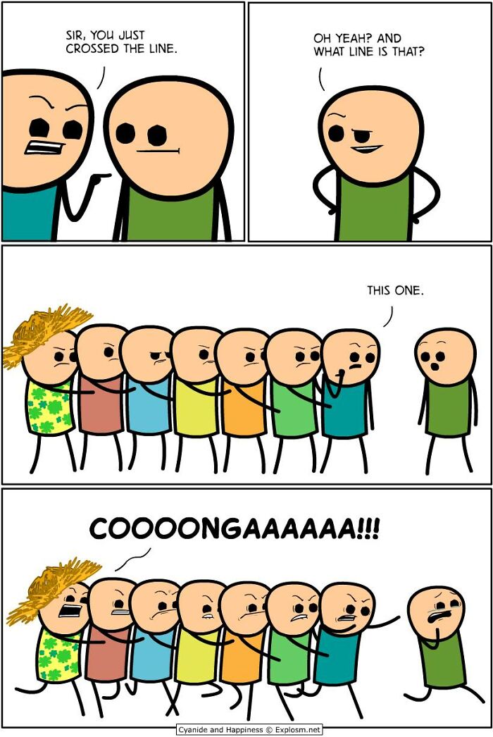 Dark comic strip from Cyanide and Happiness showing characters accusing someone of crossing the line in a conga line.