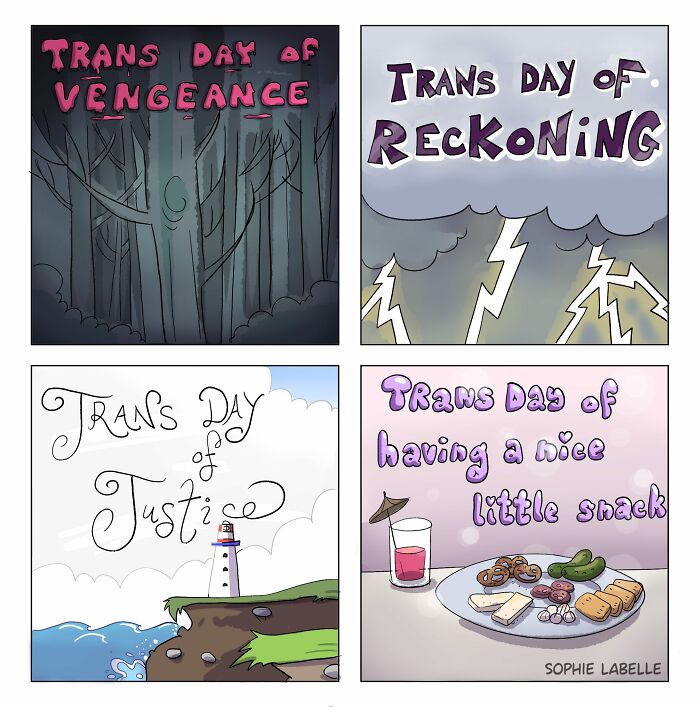 Four-panel comic by Sophie Labelle illustrating trans day themes with dark forest, lightning, lighthouse, and a snack plate.