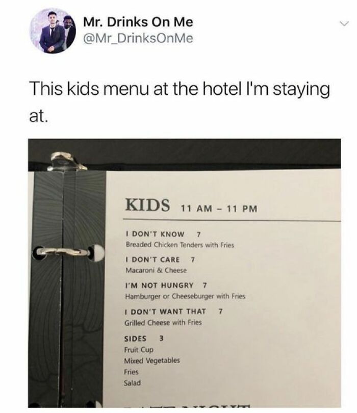 Humorous kids menu at hotel with playful meal names, featured in cheerful memes about wasting time online.