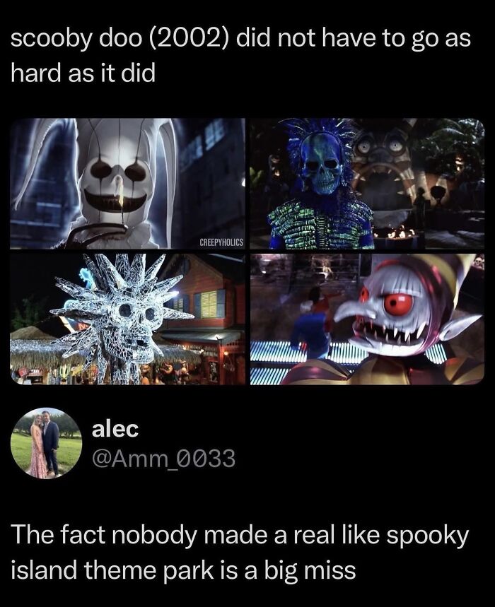 Four creepy Scooby Doo villains from the 2002 movie shown with a tweet about a spooky island theme park, movie memes theme.