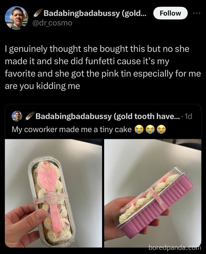 Twitter post showing a coworker’s tiny funfetti cake in a pink tin alongside cheerful memes about wasting time online.