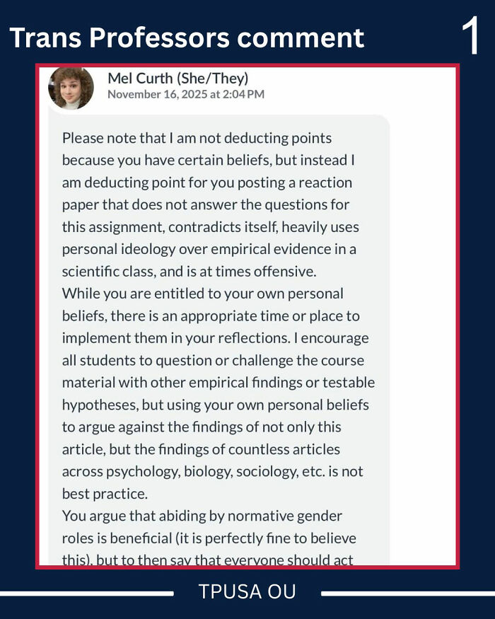 Chat message from trans instructor explaining grade deduction after student cited Bible in gender essay.