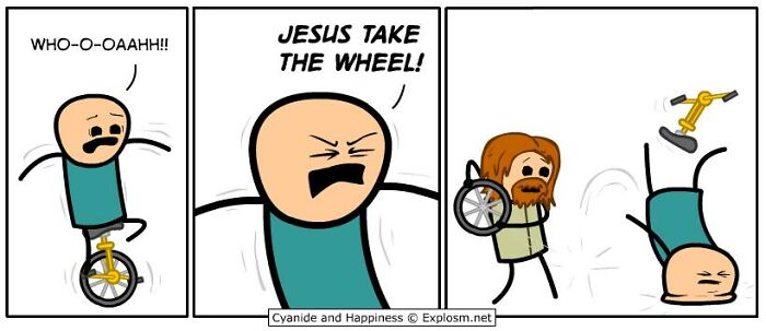 Comic strip from Cyanide & Happiness depicting a dark humor scene about a character losing control of a unicycle.
