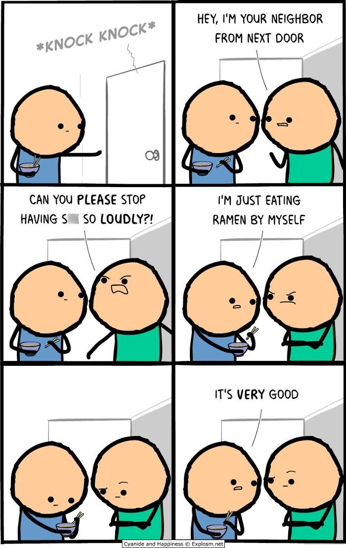 Two simple characters in a dark comic by Cyanide & Happiness discussing noisy ramen eating in a humorous society sketch.