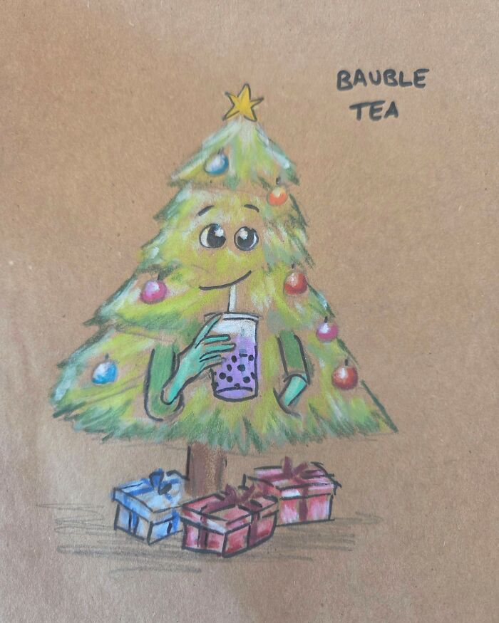 Cartoon Christmas tree drinking bubble tea with presents below, a playful dad joke drawing on a kids’ lunch bag.
