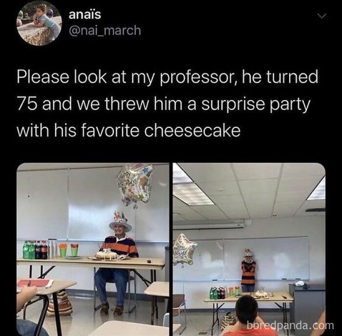 Professor celebrating 75th birthday with a surprise party featuring cheesecake and decorations in a classroom setting cheerful meme