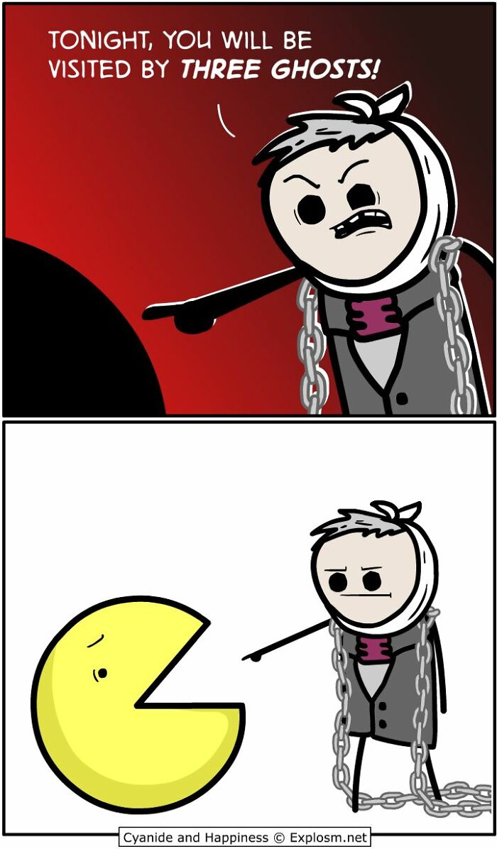 Dark comic by Cyanide & Happiness showing a character warning Pac-Man about being visited by three ghosts.