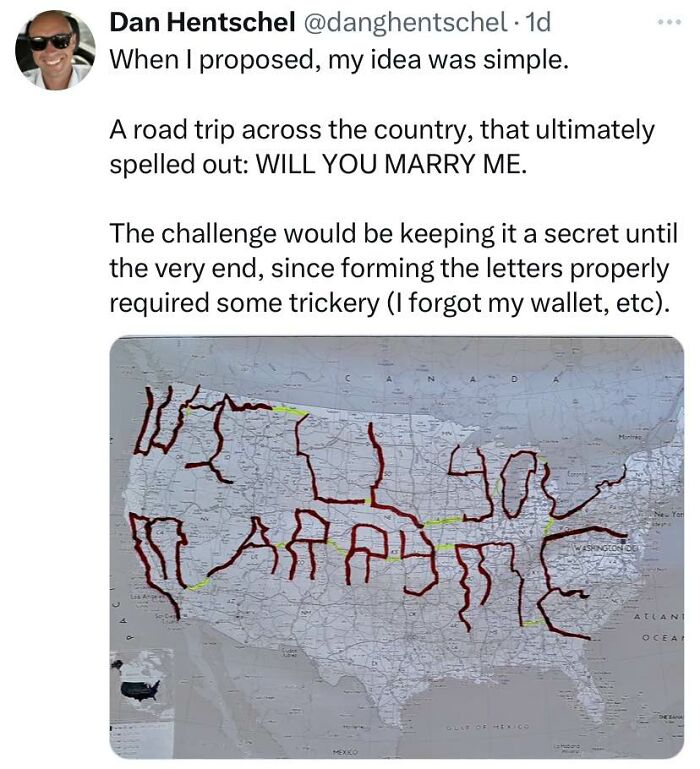 Twitter post showing a creative road trip marriage proposal spelling out will you marry me on US map cheerful memes.