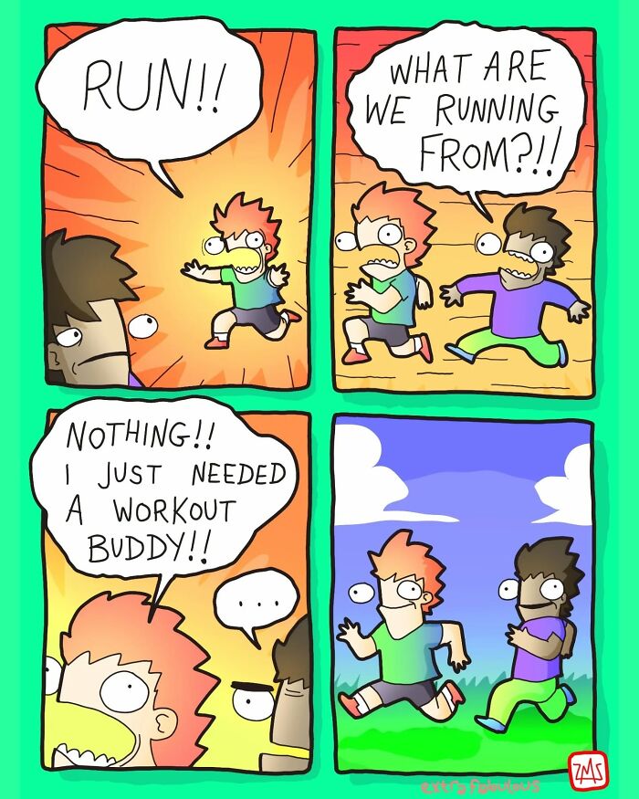 Two cartoon characters running with dialogue showing dark humor and unexpected endings in Extra Fabulous Comics style.