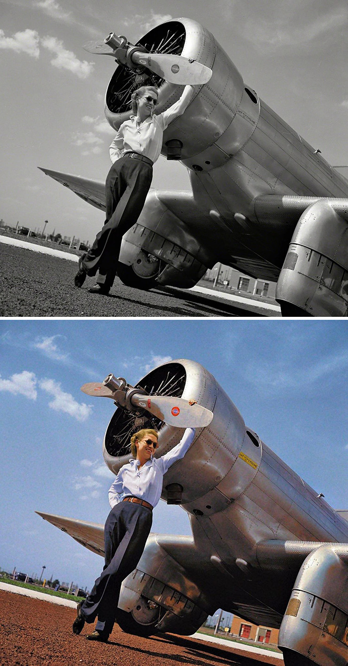 Vintage photo colorized of a woman leaning on an airplane propeller, showcasing artist colorizing old photos history.