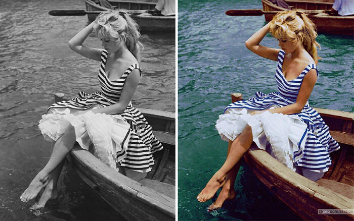 Side-by-side comparison of an old photo colorized by an artist, showing a woman in a striped dress sitting on a boat.