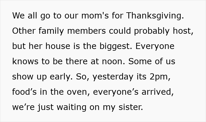 Text about family Thanksgiving gathering, mentioning sister and a barefoot spiritual advisor causing comical chaos and getting kicked out.