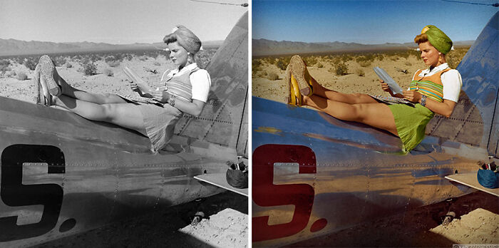 Side-by-side black and colorized images of a woman reading while reclining on a vintage plane in a desert, artist colorizes old photos.