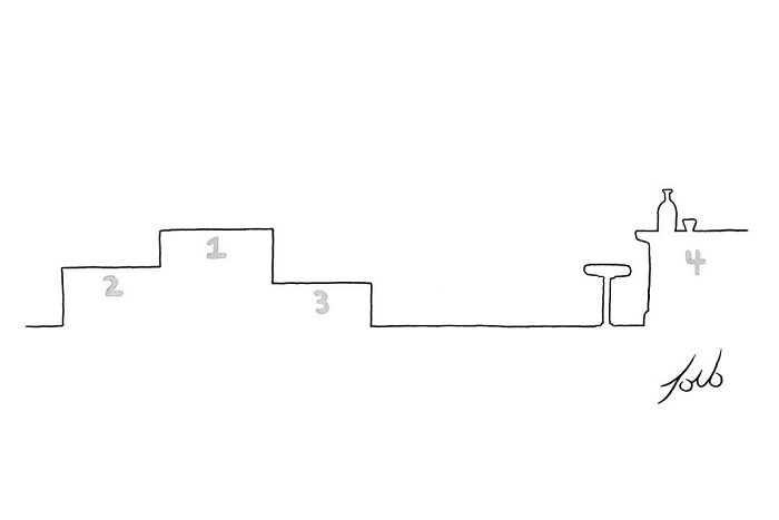 Minimalist one-panel comic by Tom Toro depicting a creative line drawing of a winners' podium and bar counter.