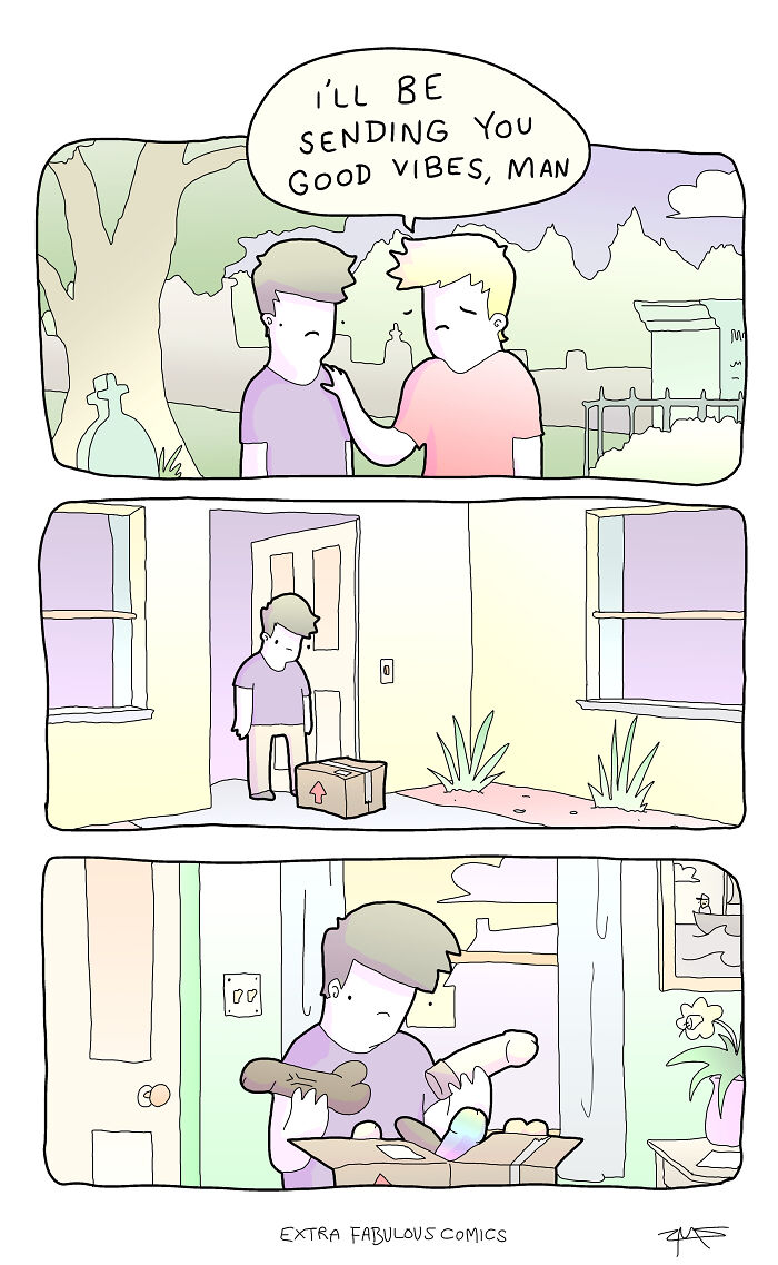 Man receiving a mysterious package in cartoon style, from Extra Fabulous Comics with dark humor and unexpected endings.
