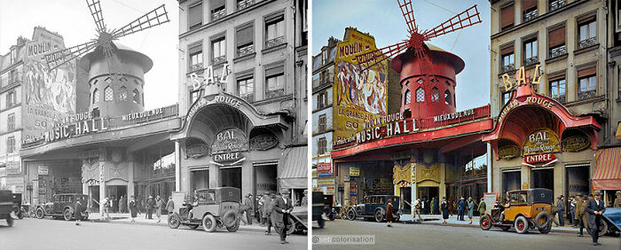 Side-by-side black and colorized images of Moulin Rouge with vintage cars and people outside, showcasing artist colorizing old photos.