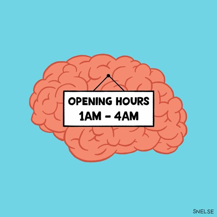 Illustration of a brain with a sign showing opening hours from 1AM to 4AM, humorous comic art.