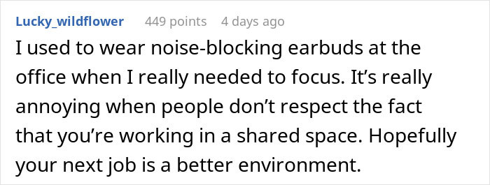 Comment about using noise-blocking earbuds in the office to focus amid disruptive Christmas music by a coworker. Comment about using noise-blocking earbuds in the office to focus amid disruptive Christmas music by a coworker.
