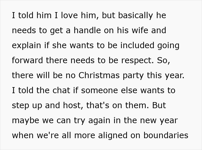 Text about host setting boundaries with friend&rsquo;s wife and canceling Christmas party after uninvited guests arrive.