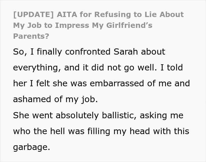 Man wonders if his relationship is doomed after his girlfriend pressures him to lie about his career in a tense conversation.