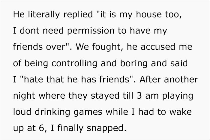Text about woman shutting down boys&rsquo; nights at their house after they go too far, expressing frustration with friends.