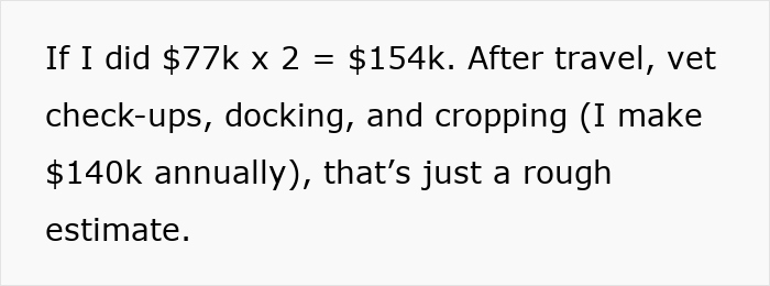 Entitled mother calculating expenses split with son and girlfriend, including travel, vet check-ups, and income estimate.