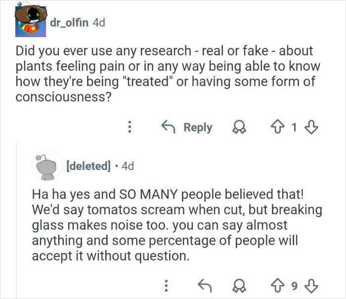 Reddit conversation about research on plant pain and consciousness, related to ex-employee who discredited veganism online.