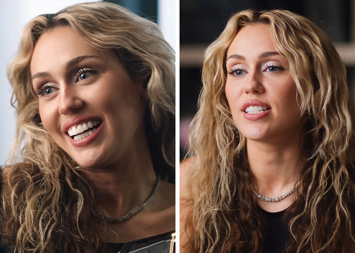 Miley Cyrus with youthful glow and viral makeover, showcasing natural beauty and radiant smile in close-up portraits.