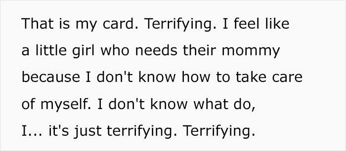 Text excerpt showing emotional distress of a stay-at-home mom feeling lost and terrified after unexpected divorce request.