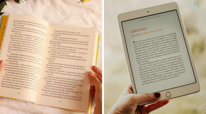 Hands holding an open book and a tablet displaying text, illustrating school uniforms vs casual wear debate content.
