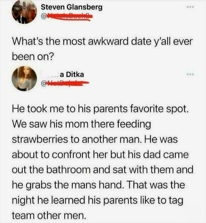 Screenshot of a chaotic non-political tweet describing an awkward date involving unexpected family drama.