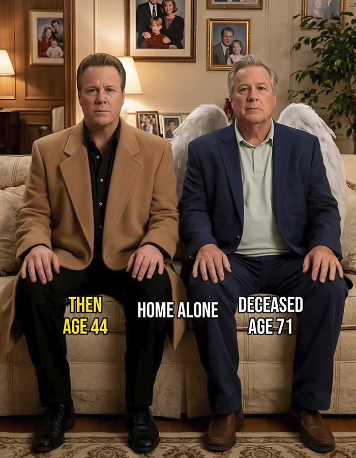 Two men seated side by side showing then-and-now Home Alone ages 44 and 71 with angel wings on older man. Two men seated side by side showing then-and-now Home Alone ages 44 and 71 with angel wings on older man.