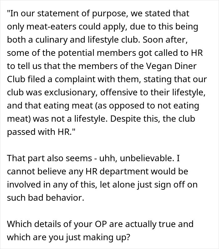 Text excerpt discussing an employee conflict and HR involvement regarding a vegan-only club and meat eaters.