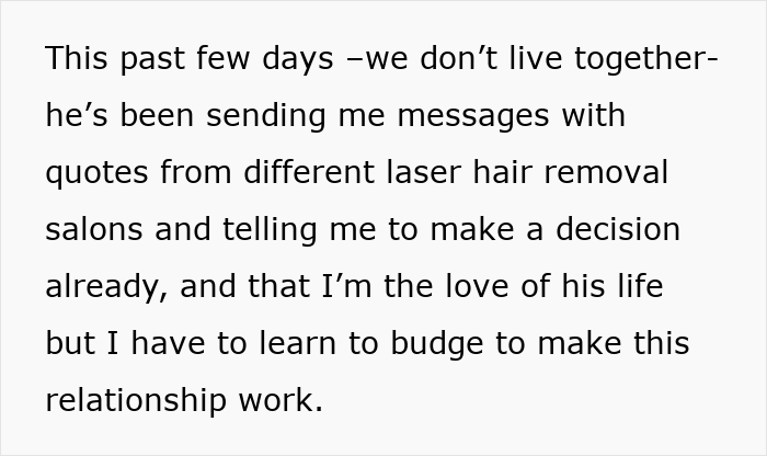 Text message discussing laser hair removal demands from boyfriend and relationship struggles over body hair choices.