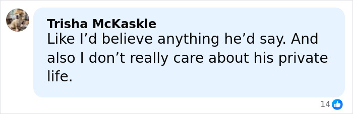 Comment by Trisha McKaskle expressing disbelief in JD Vance&rsquo;s statements and disinterest in his private life.