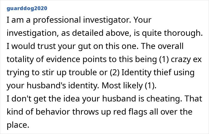 Text from a professional investigator explaining evidence about a cheating husband and the impact of crazy ex-girlfriends.
