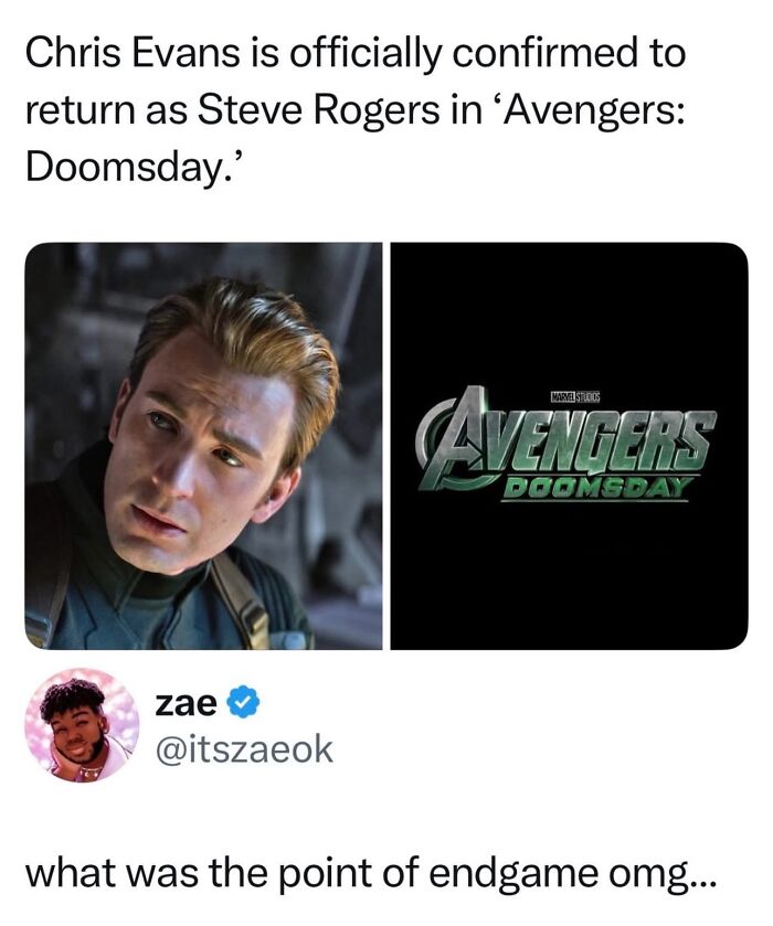 Chris Evans as Steve Rogers and Avengers Doomsday logo meme from movie memes funnier than their bloopers.