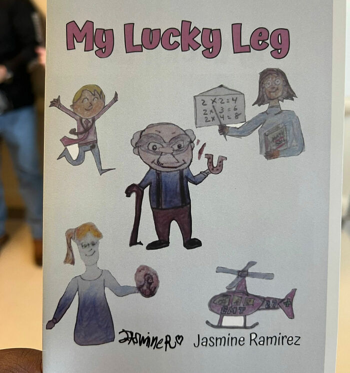 Illustration titled My Lucky Leg by Jasmine Ramirez, related to a 14-year-old girl with rare condition and leg surgery.
