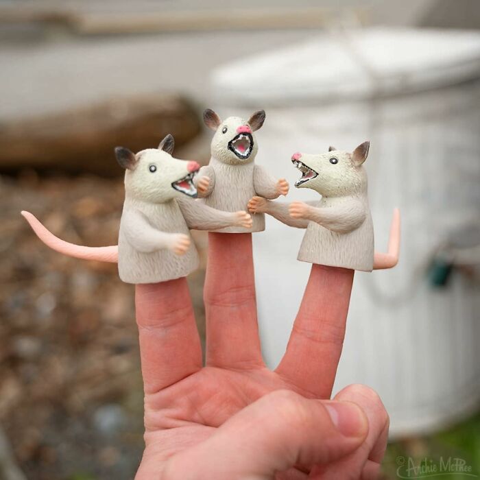Three possum finger puppets worn on a hand outdoors as a funny gag gift idea for friends who dislike scented candles.