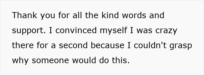 White card with text thanking supporters; mentally unstable woman says she thought she was crazy after the drink incident White card with text thanking supporters; mentally unstable woman says she thought she was crazy after the drink incident