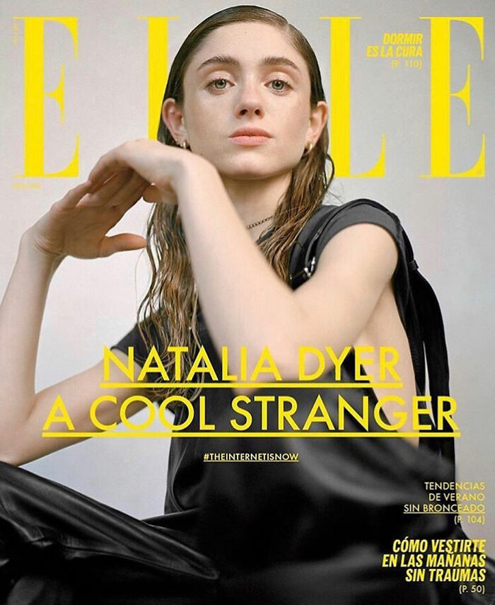 Stranger Things star Natalia Dyer posing on Elle magazine cover, noted for her appearance and Ariana Grande comparison.