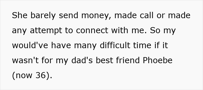 Text excerpt about daughter honoring dad's best friend Phoebe despite bio mom's lack of connection or support.