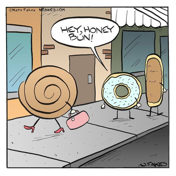 Comic by Nate Fakes showing anthropomorphic pastries with a humorous and relatable street scene.
