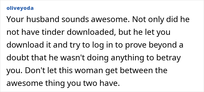Alt text: Comment praising husband for proving he is not cheating, highlighting trust and issues with ex-girlfriends.