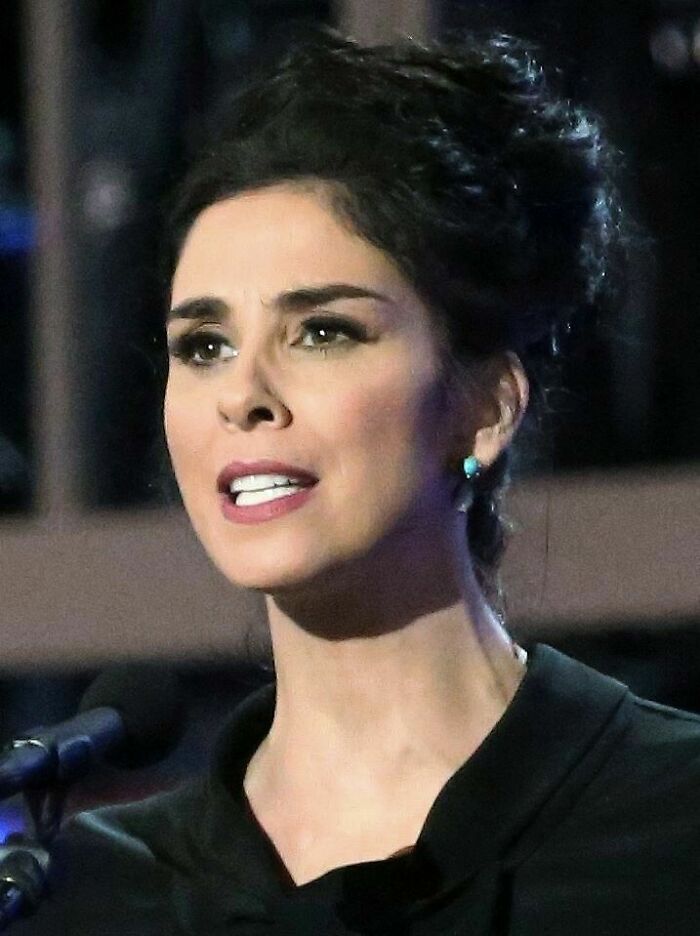 Sarah Silverman speaking at an event, wearing a black outfit and turquoise earrings, highlighting her career and bio details.