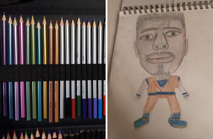 Colored pencils neatly arranged beside a teenage boy’s colored sketch highlighting creative gifts that teens want this year.