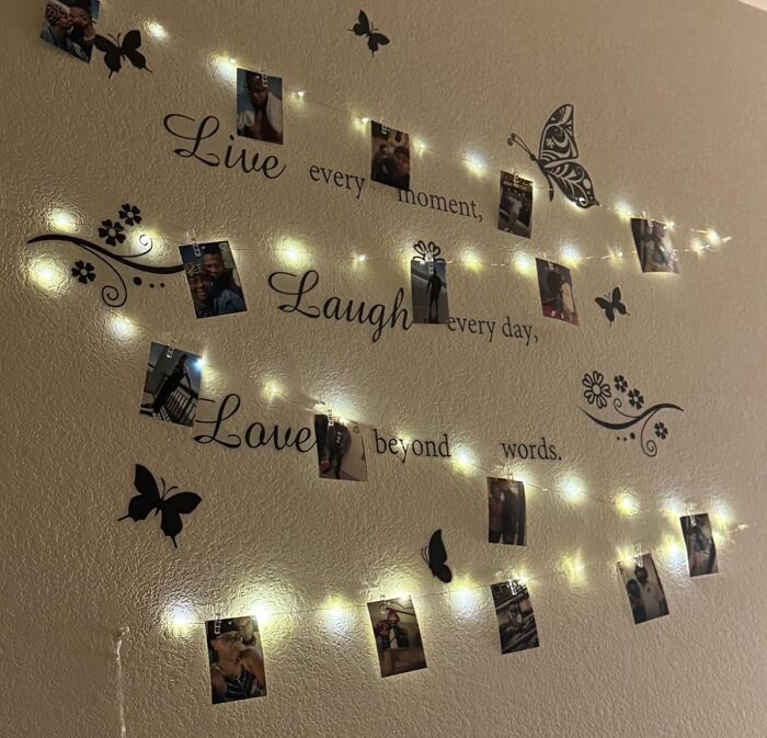 String lights with teen photos and butterfly wall decals on a wall, a popular gift teens are begging Santa for this year.
