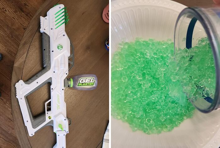 Gel blaster toy gun with green gel beads pouring into a bowl, a popular gift teens are begging for this year.